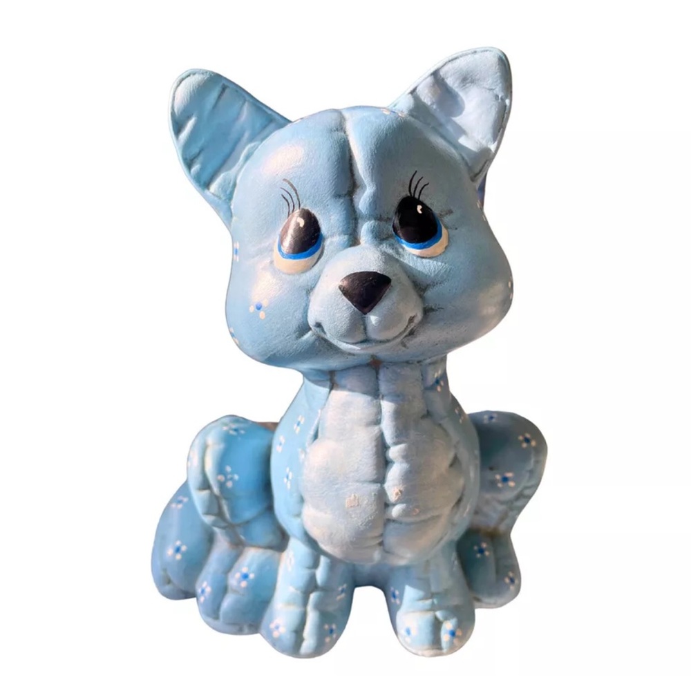 Vintage Blue Ceramic Cat Figurine Engraved 1986 | Kimple Mold Company
